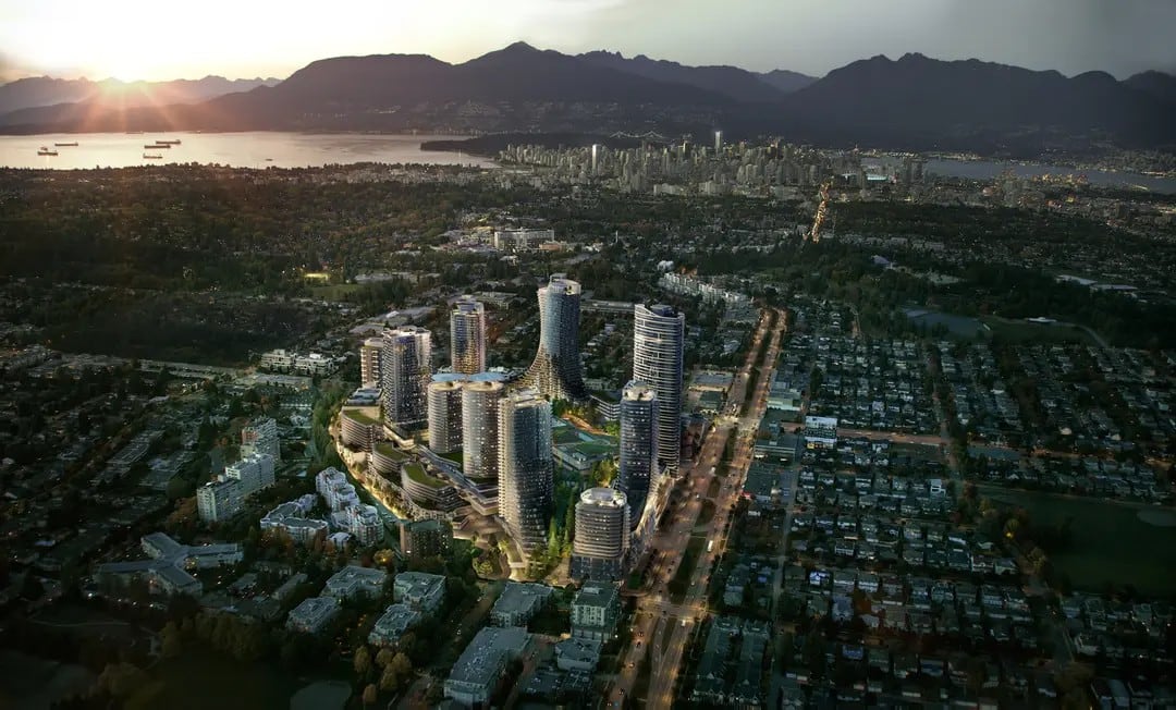 A rendering of a massive set of towers south of downtown Vancouver.